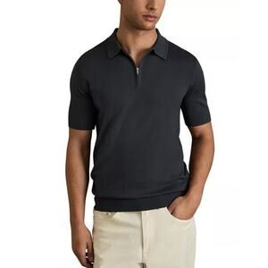 Reiss Maxwell Polo 1/4 Zip Men's Medium Gray Brown Short Sleeve Knit Merino Wool